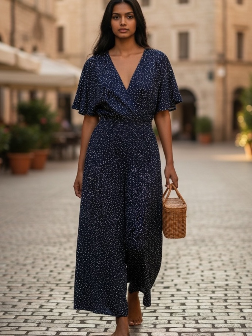 Blue Jumpsuit Polka Dot Wrap Style Wide Leg